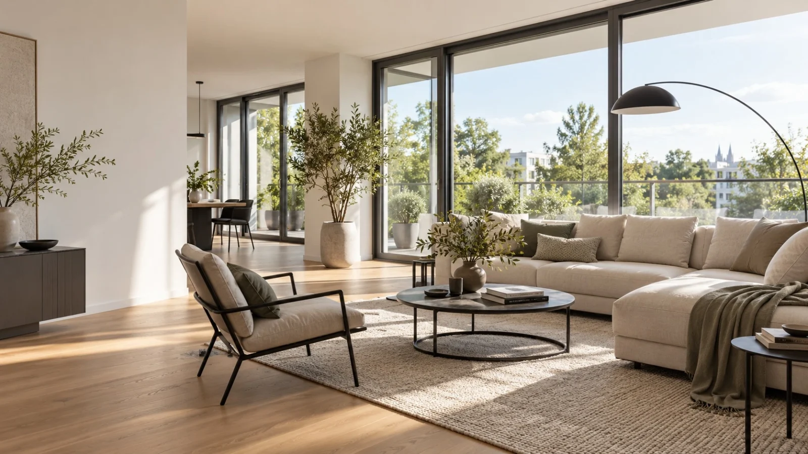 Heller moderner Wohnraum mit Panoramafenstern und Terrasse